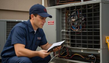 A technician working on an outdoor AC unit