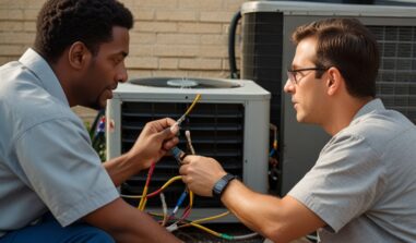 Technicians working on an AC unit