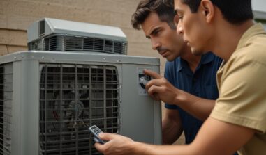 Technicians working on an outdoor AC unit