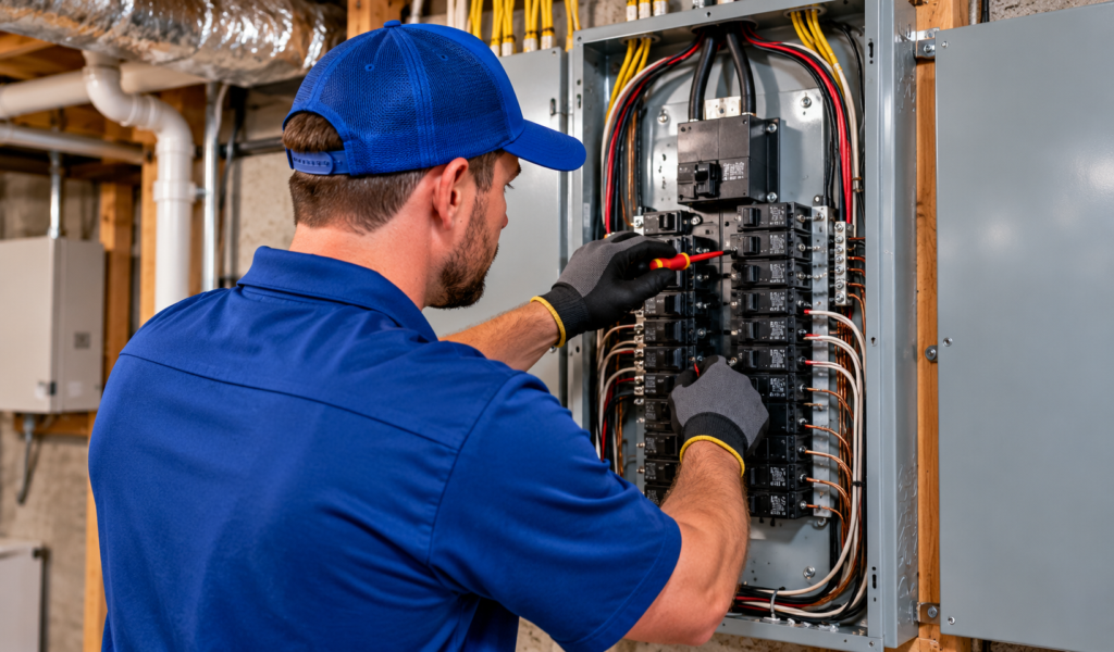 Local electrician servicing a residential electrical panel in Bowling Green, OH.